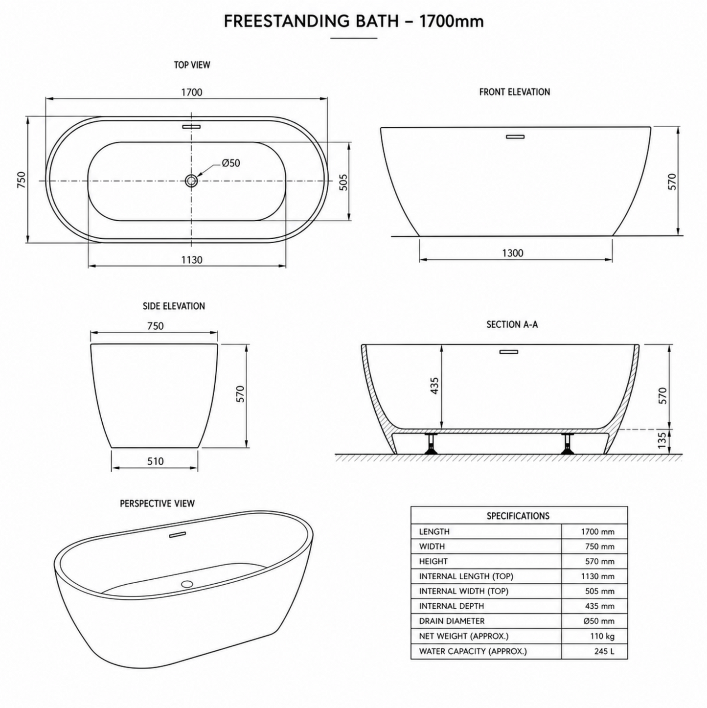 Bella 1700mm Black Freestanding Modern Bath