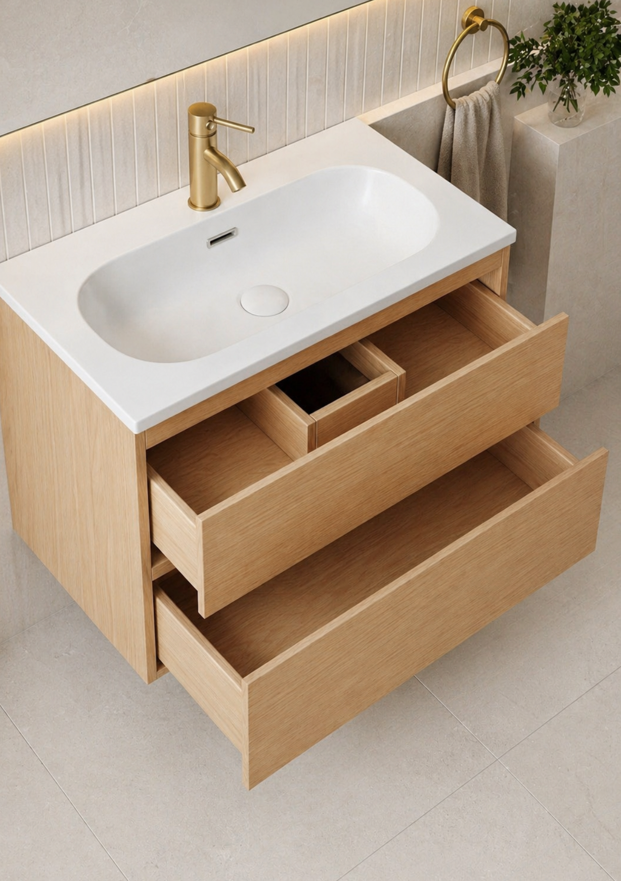 Coven Oak 600mm Wall Hung Bathroom Vanity with Integrated Basin