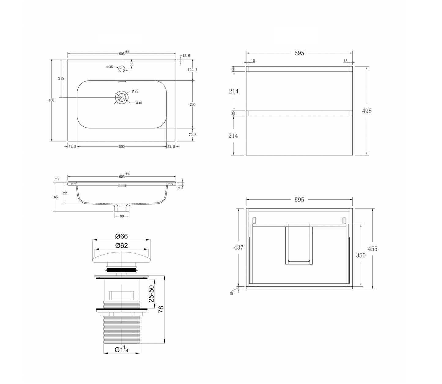 Coven Oak 600mm Wall Hung Bathroom Vanity with Integrated Basin
