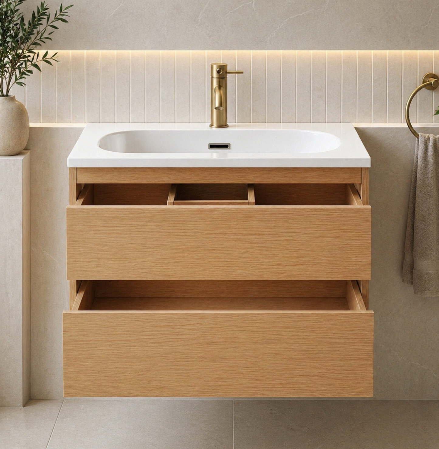 Coven Oak 600mm Wall Hung Bathroom Vanity with Integrated Basin