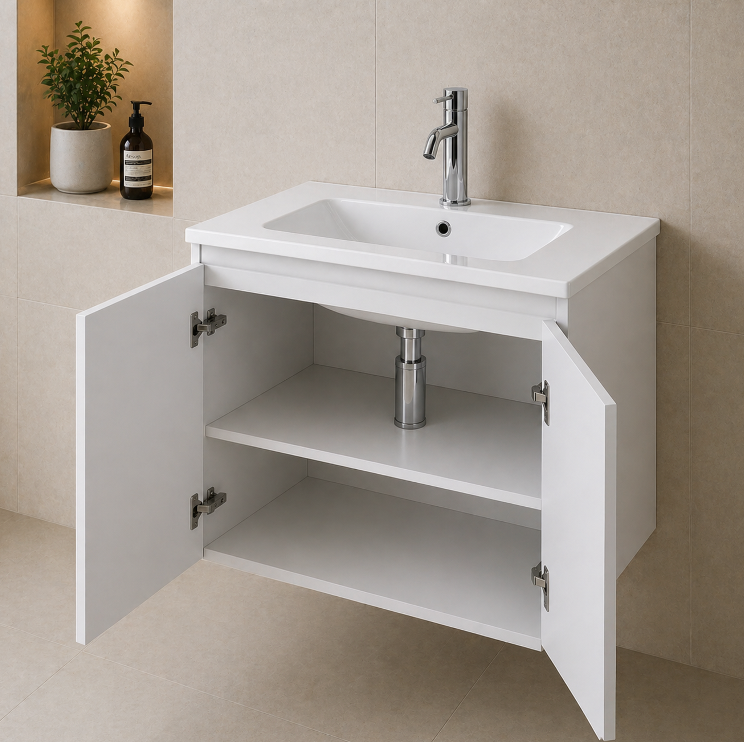 Rome White Gloss 800mm Wall Hung Bathroom Vanity with Integrated Basin