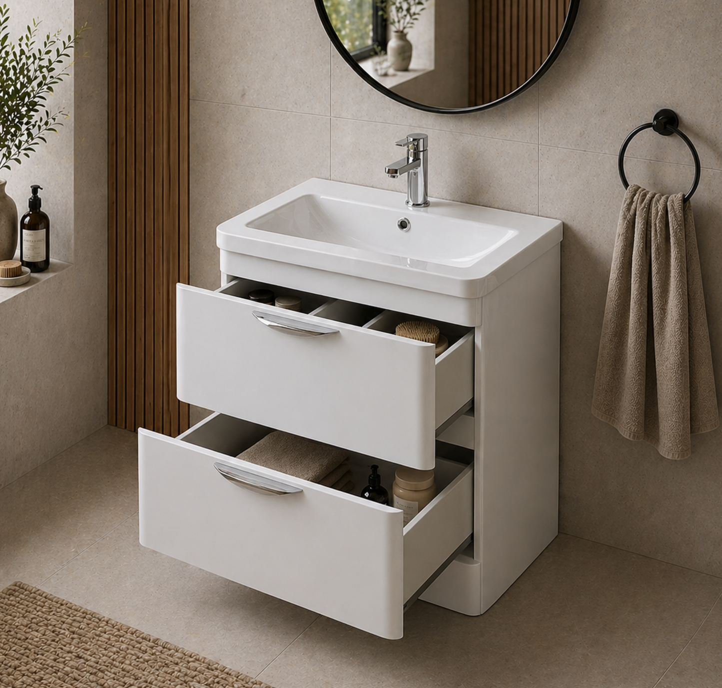 Dayne White 600mm Floor Standing Vanity Unit with Chrome Handles