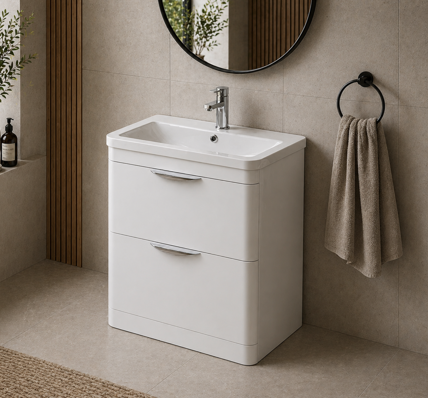 Dayne White 600mm Floor Standing Vanity Unit with Chrome Handles