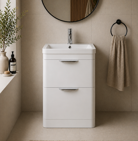 Dayne White 600mm Floor Standing Vanity Unit with Chrome Handles