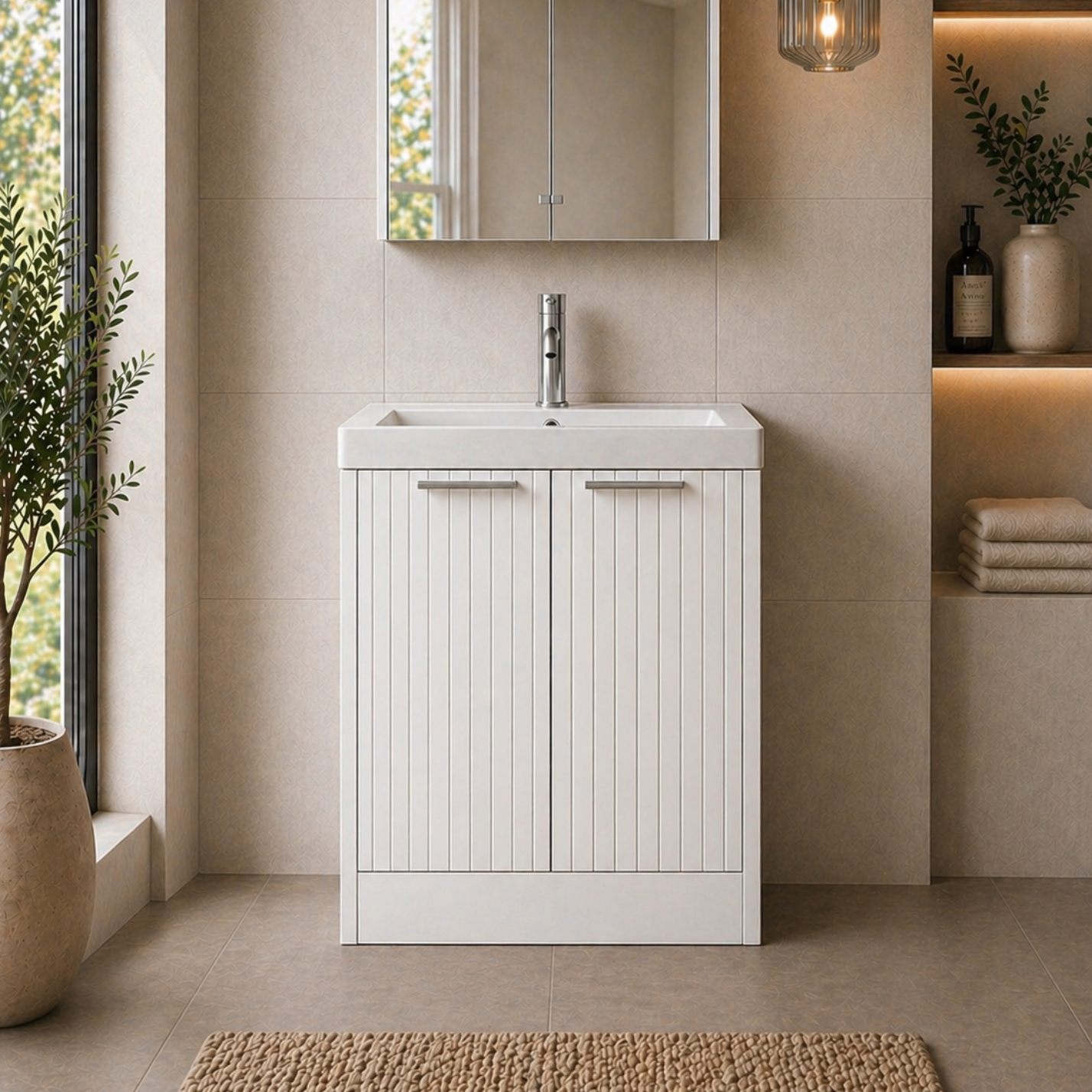 Layla White 600mm Floor Standing Vanity Unit with Chrome Handles