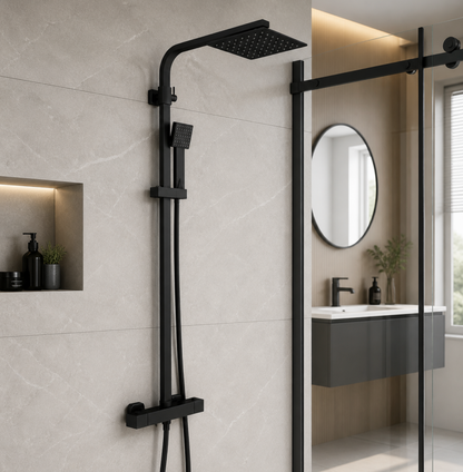 Astra Matt Black Modern Square Thermostatic Shower Set