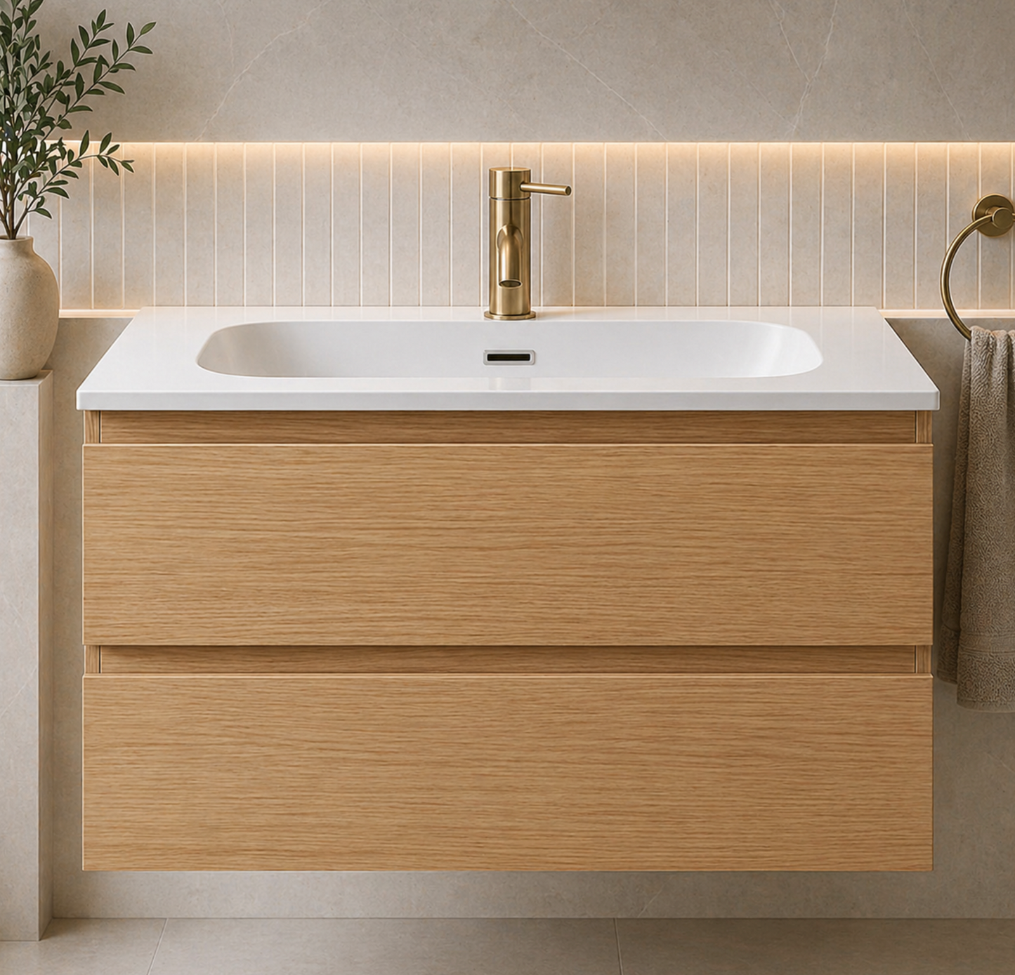 Coven Oak 800mm Wall Hung Bathroom Vanity with Integrated Basin