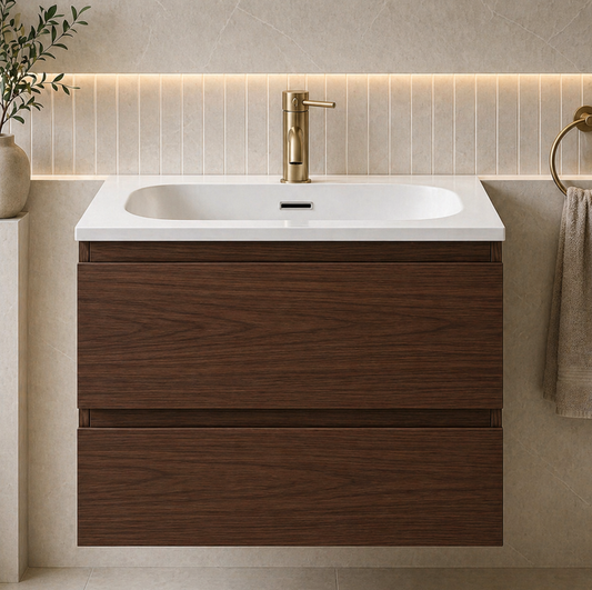 Coven Walnut 600mm Wall Hung Bathroom Vanity with Integrated Basin