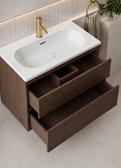 Coven Walnut 600mm Wall Hung Bathroom Vanity with Integrated Basin