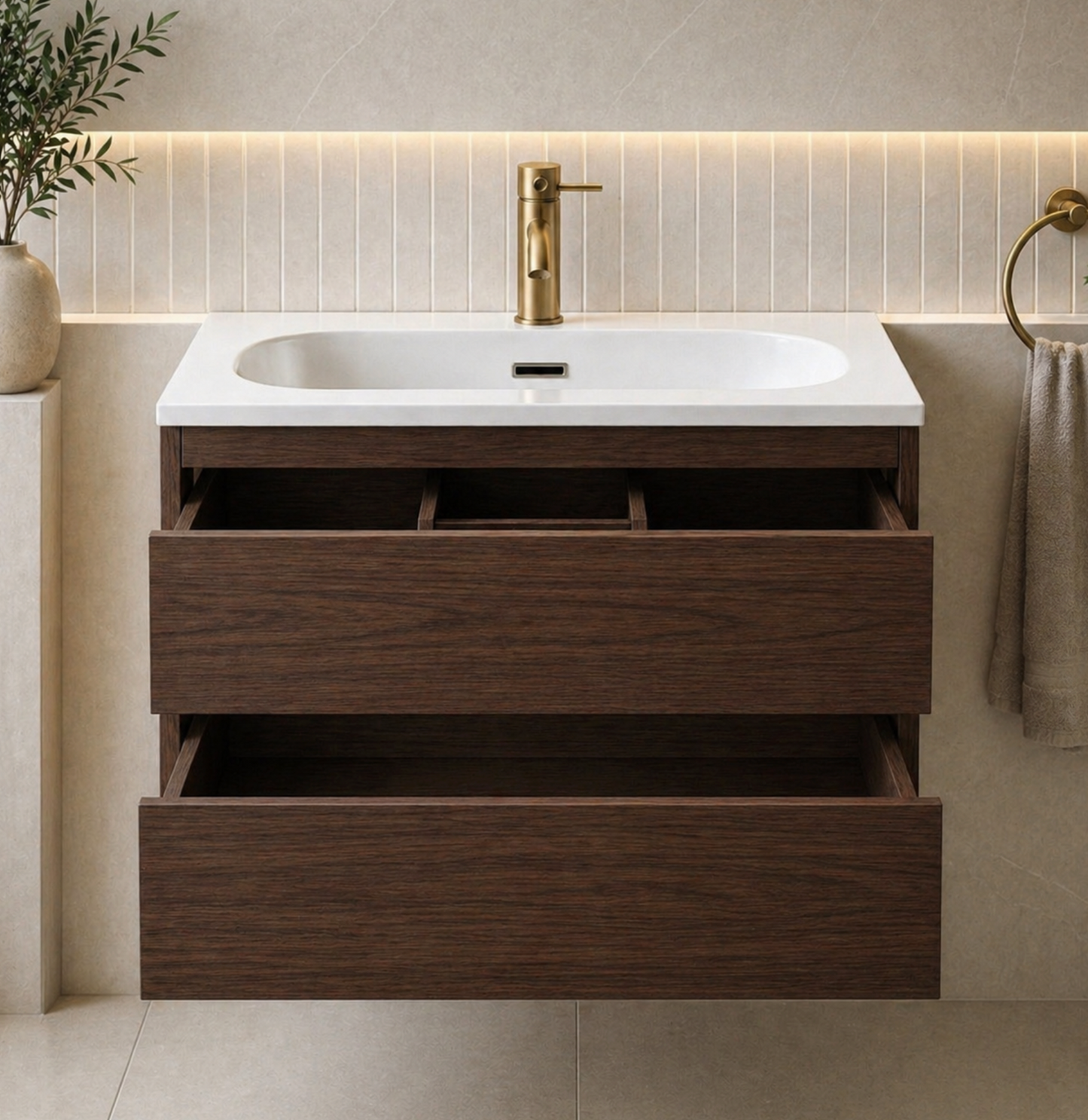 Coven Walnut 600mm Wall Hung Bathroom Vanity with Integrated Basin