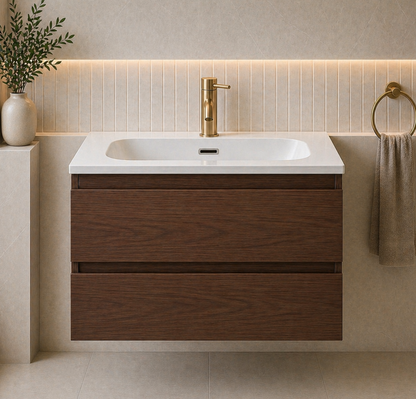 Coven Walnut 800mm Wall Hung Bathroom Vanity with Integrated Basin