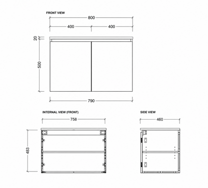 Rome Blue 800mm Wall Hung Bathroom Vanity with Integrated Basin