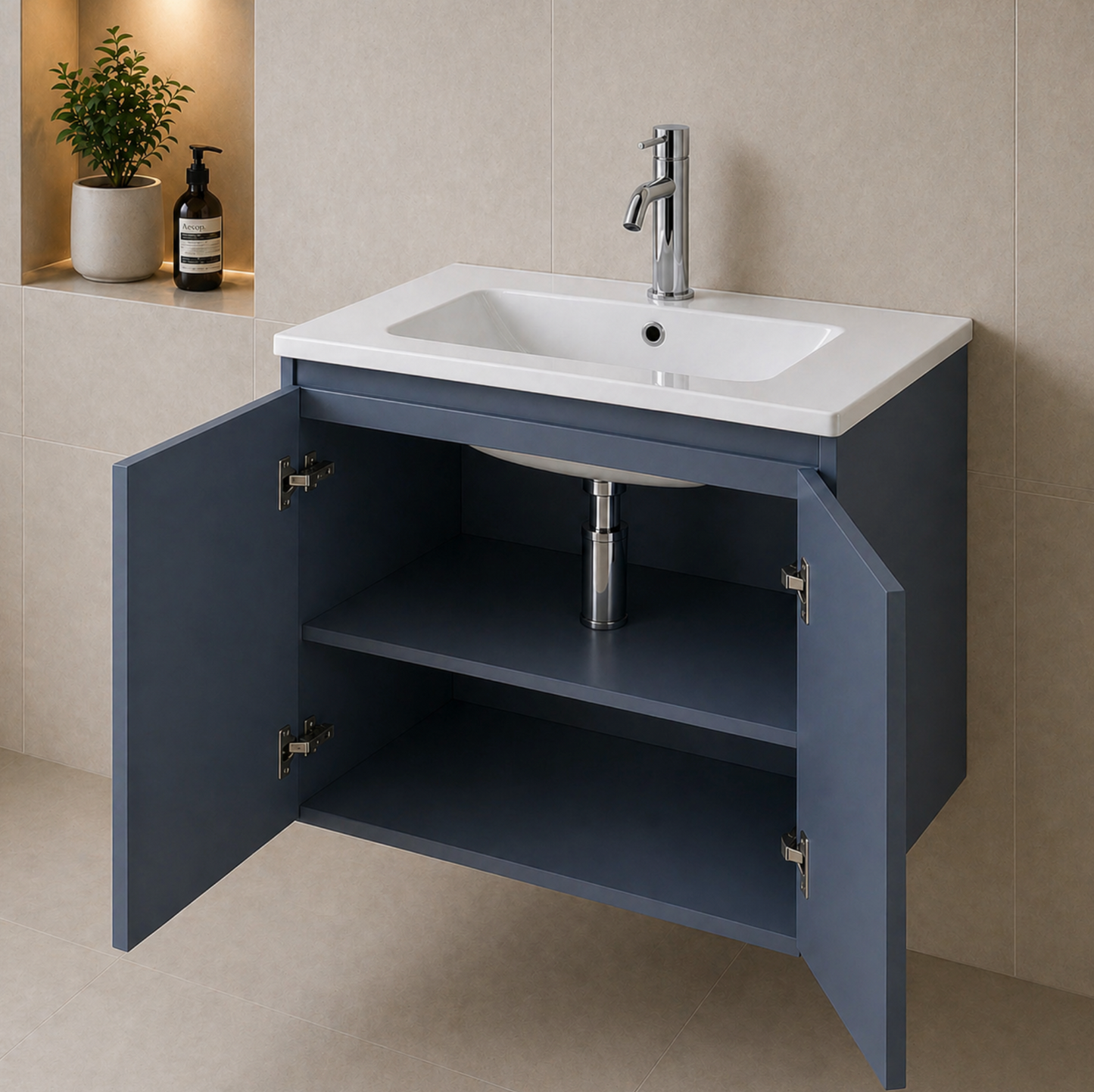 Rome Blue 800mm Wall Hung Bathroom Vanity with Integrated Basin