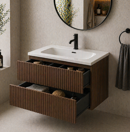 Ariella Walnut 600mm Wall Hung Bathroom Vanity with Integrated Basin