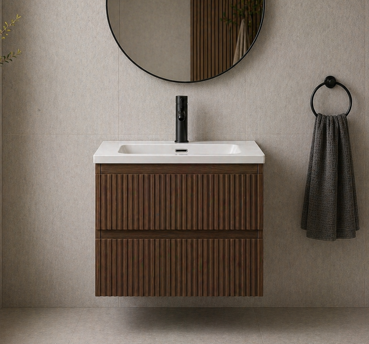 Ariella Walnut 600mm Wall Hung Bathroom Vanity with Integrated Basin