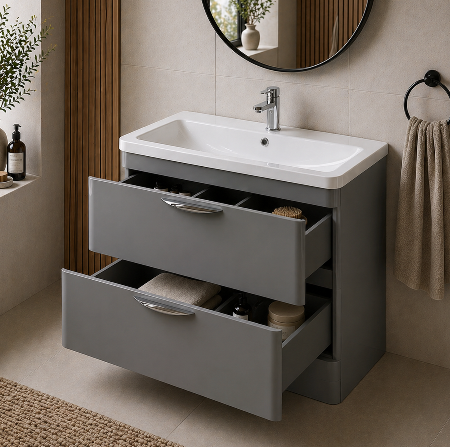 Dayne Grey 600mm Floor Standing Vanity Unit with Chrome Handles
