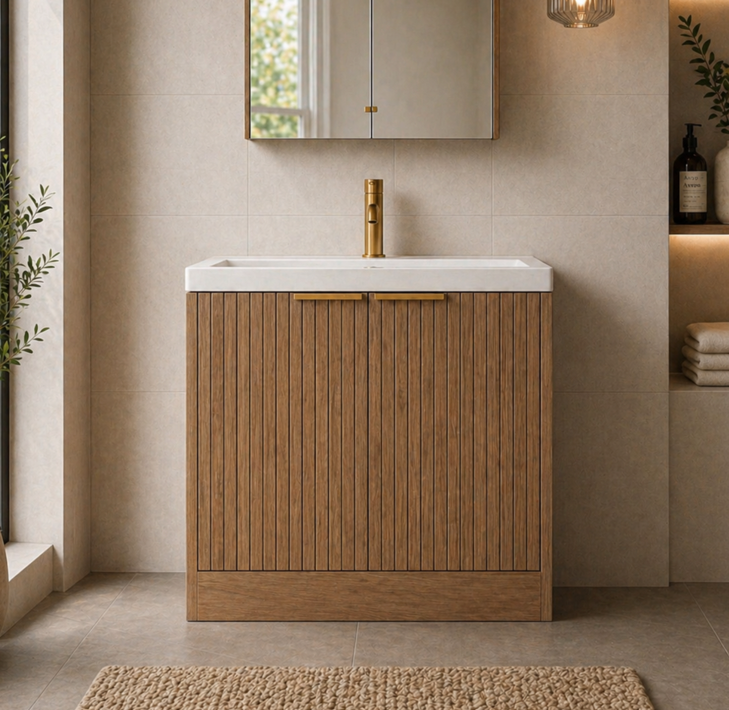 Layla Oak 800mm Floor Standing Vanity Unit with Brass Handles