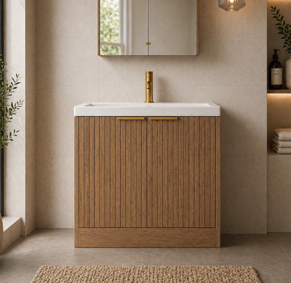 Layla Oak 800mm Floor Standing Vanity Unit with Brass Handles