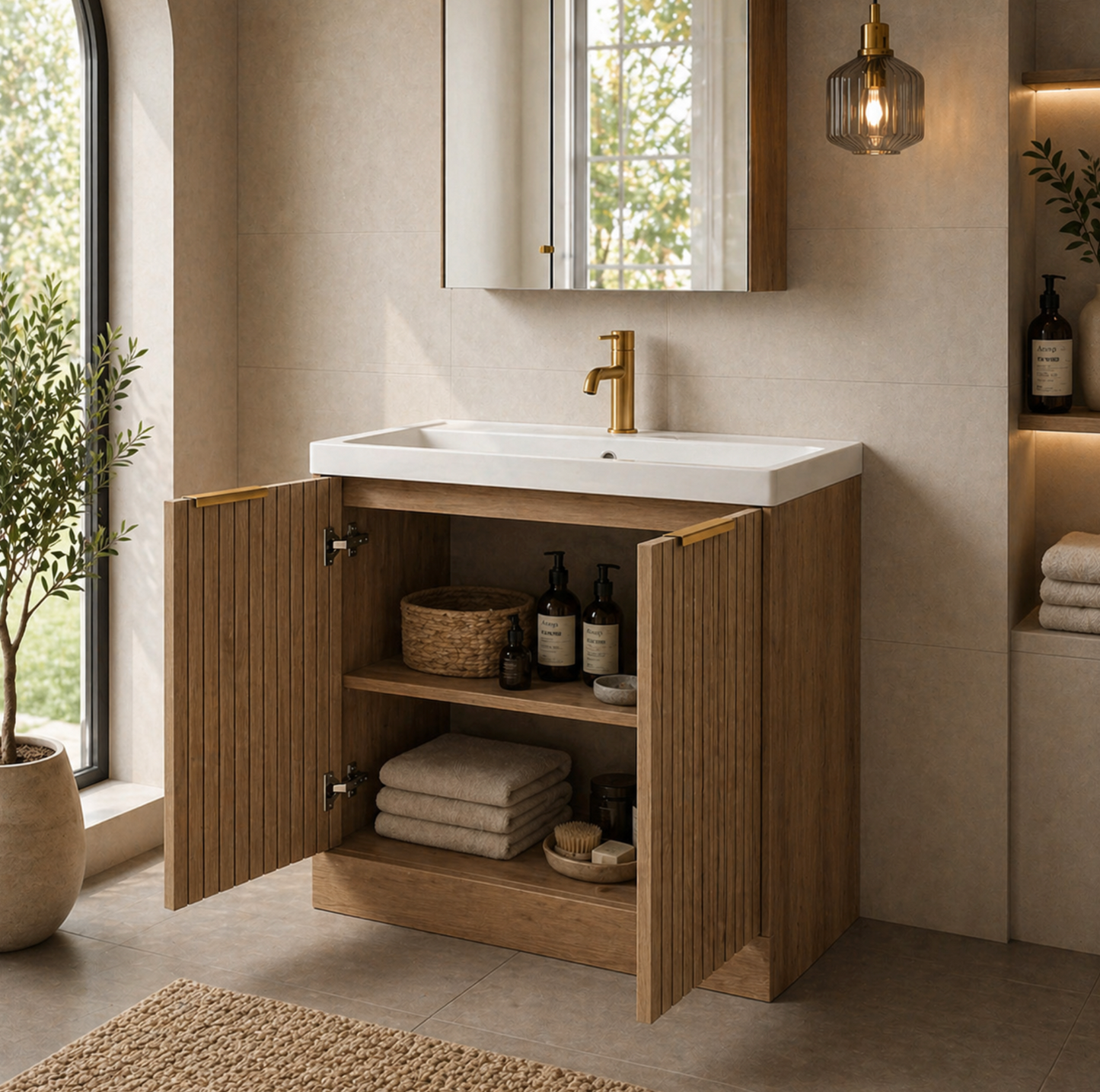 Layla Oak 600mm Floor Standing Vanity Unit with Brass Handles