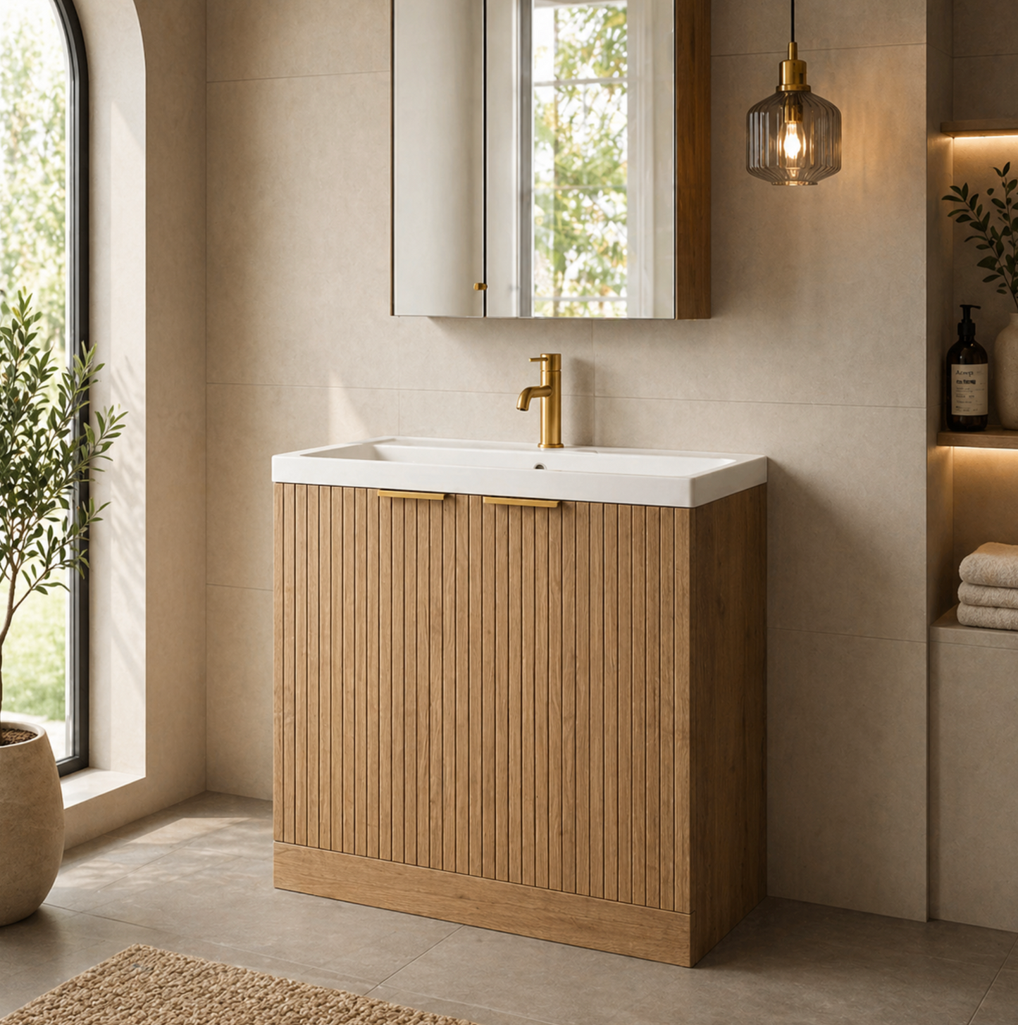 Layla Oak 600mm Floor Standing Vanity Unit with Brass Handles