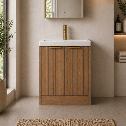 Layla Oak 600mm Floor Standing Vanity Unit with Brass Handles