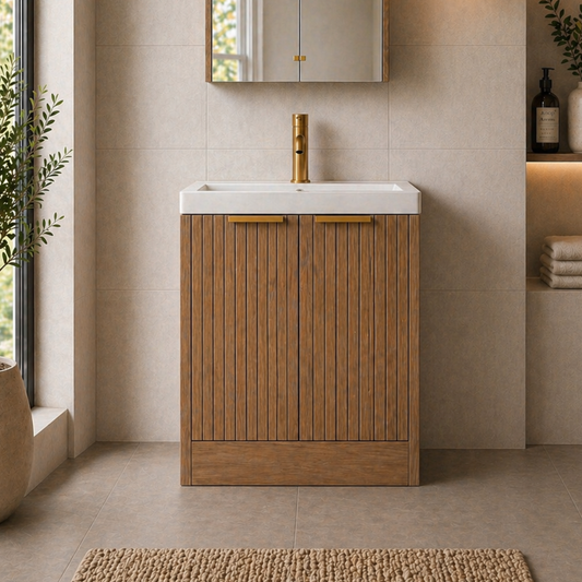 Layla Oak 600mm Floor Standing Vanity Unit with Brass Handles