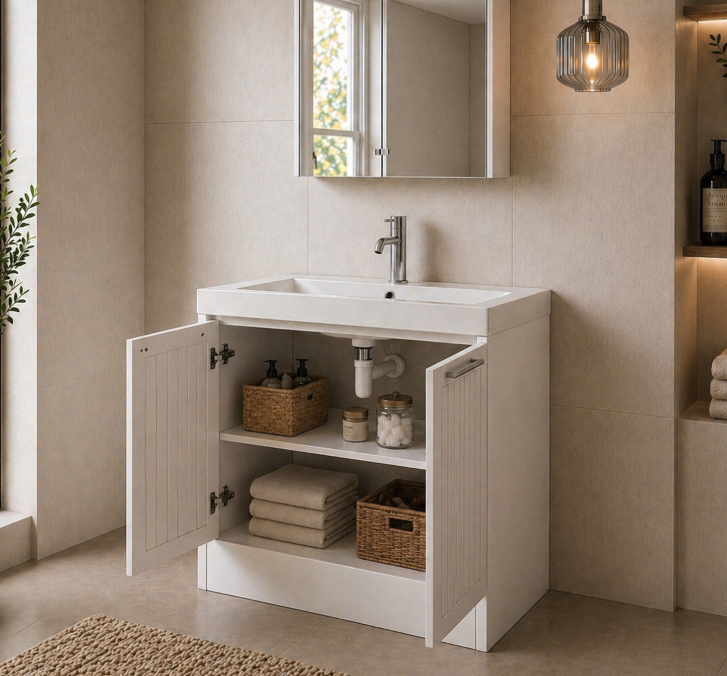 Layla White 600mm Floor Standing Vanity Unit with Chrome Handles