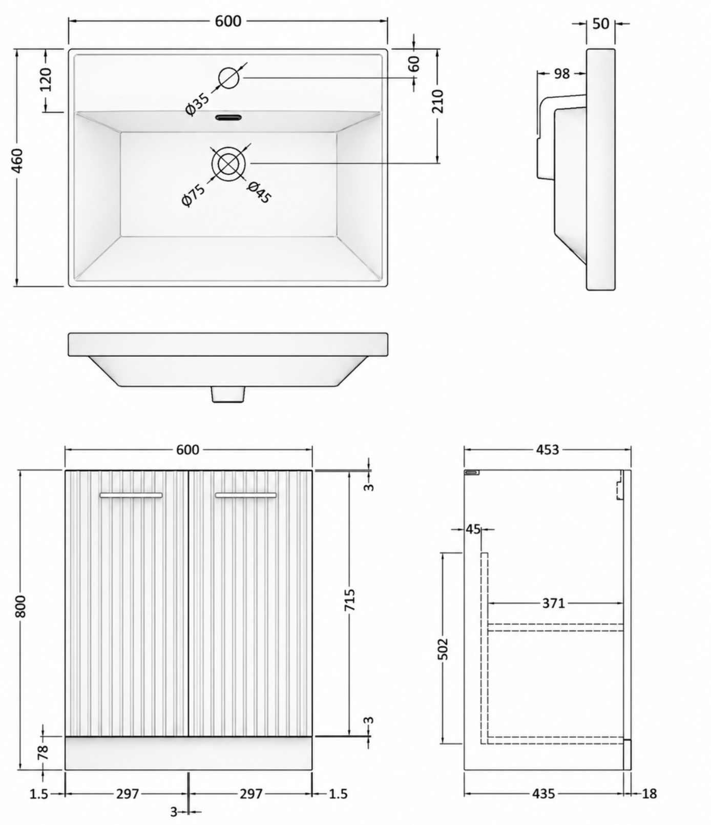 Layla Oak 600mm Floor Standing Vanity Unit with Brass Handles