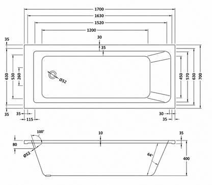 Murphy 1700mm Single Ended Shower Bath With Bath Screen