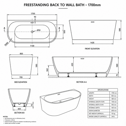 Melody 1700mm Freestanding D-Shaped Back to Wall Bath