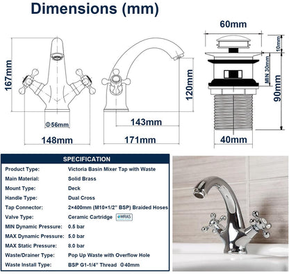 Faucets - Vintage Bathroom Faucets - Basin Faucets - Suitable for vintage bathroom basin faucets, Double handle mixer taps with cross handle, elegant design
