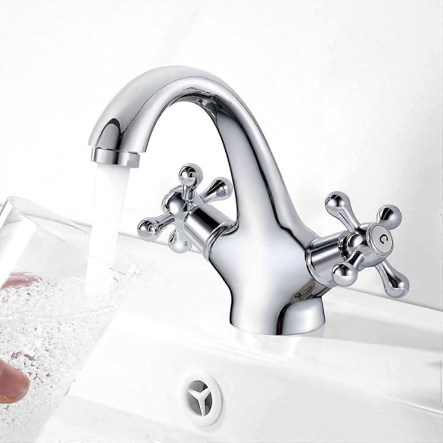 pcs Retro Basin Faucet, Double Handle Basin Mixer Tap, Bathroom Sink Faucet, Lavatory Faucet with Hot and Cold Water Available, Chrome