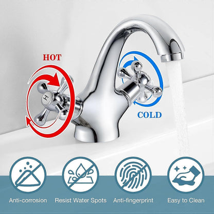 pcs Retro Basin Faucet, Double Handle Basin Mixer Tap, Bathroom Sink Faucet, Lavatory Faucet with Hot and Cold Water Available, Chrome