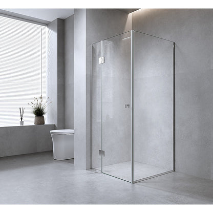 120x110cm Corner Frameless Shower Screen – White Wall Channel and Floor Channel with Brass Hinges & Round Knob Handle