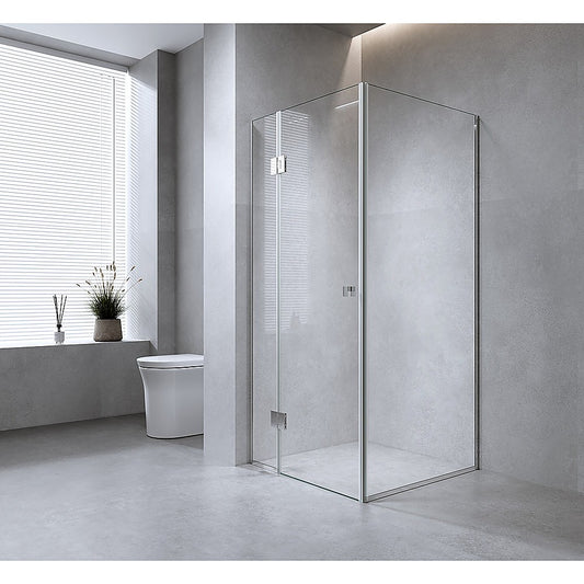 110x110cm Corner Frameless Shower Screen – Gold Wall Channel and Floor Channel with Brass Hinges & Square Double Pull Handle