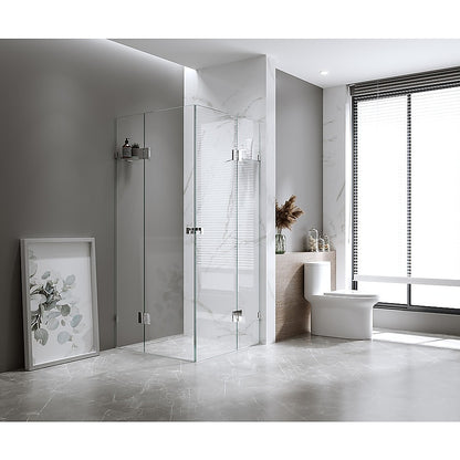 110x120cm Double Door Corner Shower Screen – Chrome U-Brackets, Brass Hinges & Round Knob Handle