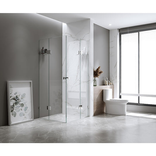 110x120cm Double Door Corner Shower Screen – Chrome U-Brackets, Brass Hinges & Round Knob Handle