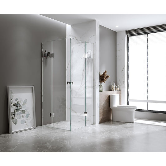 100x120cm Double Door Corner Shower Screen – Channels with Brass Hinges in Black, Square Knob Handles