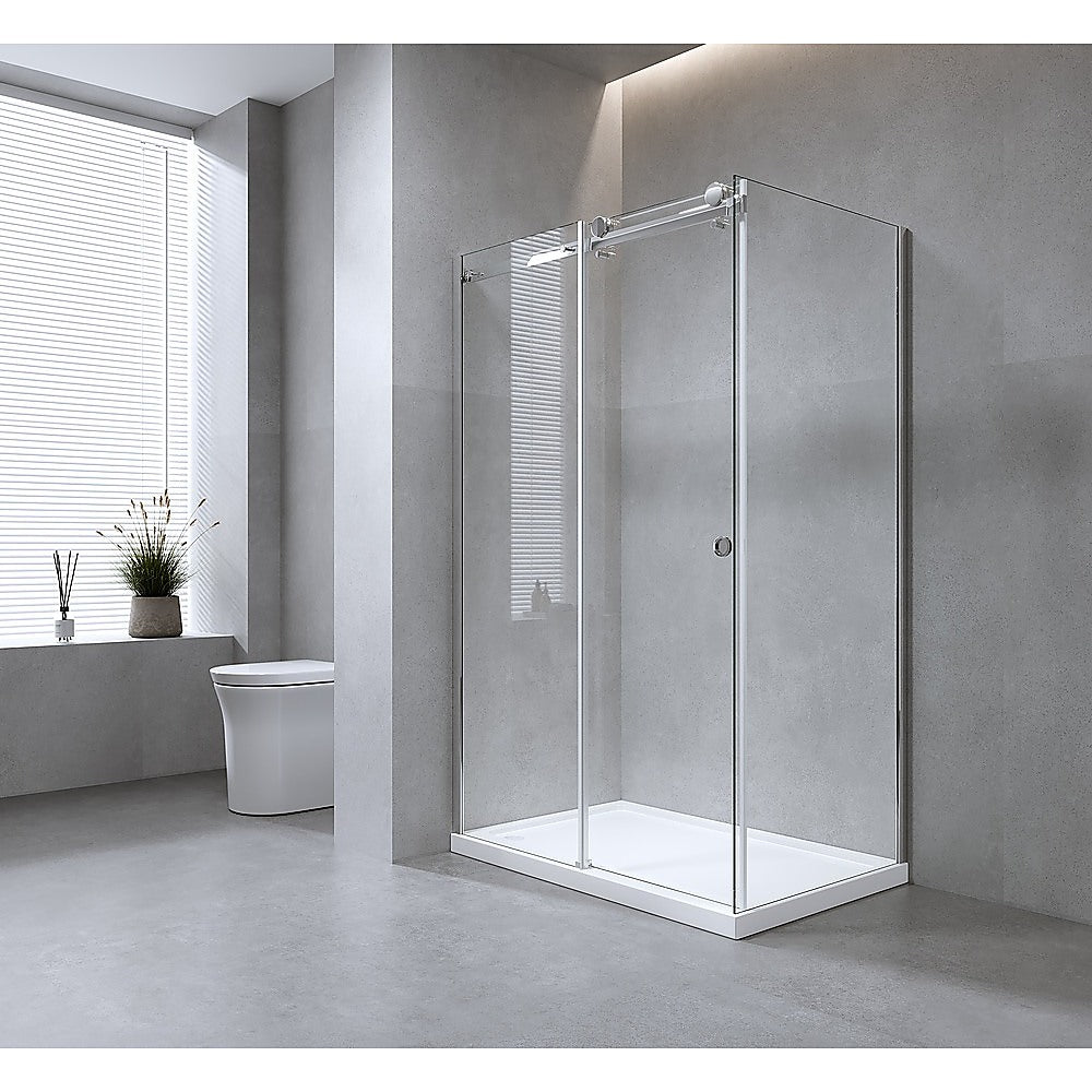 160x100cm Frameless Glass Sliding Corner Shower – With Black Rail and Wall Channel for Contemporary Bathrooms