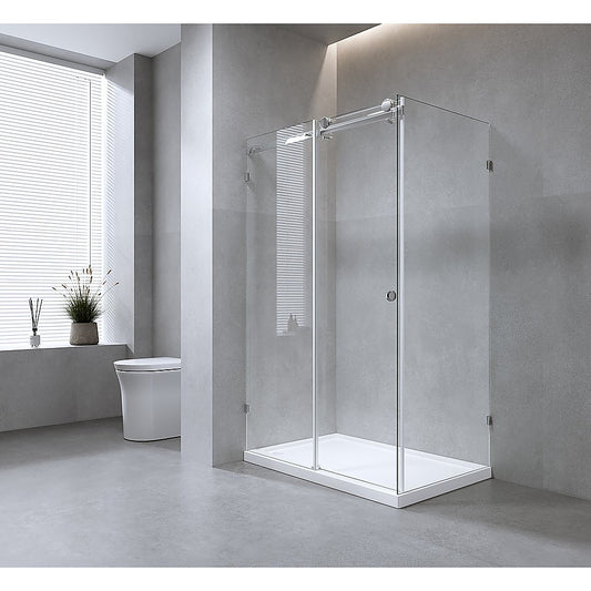 160x100cm Frameless Glass Sliding Corner Shower – With Gunmetal Rail and Wall Channel for Contemporary Bathrooms