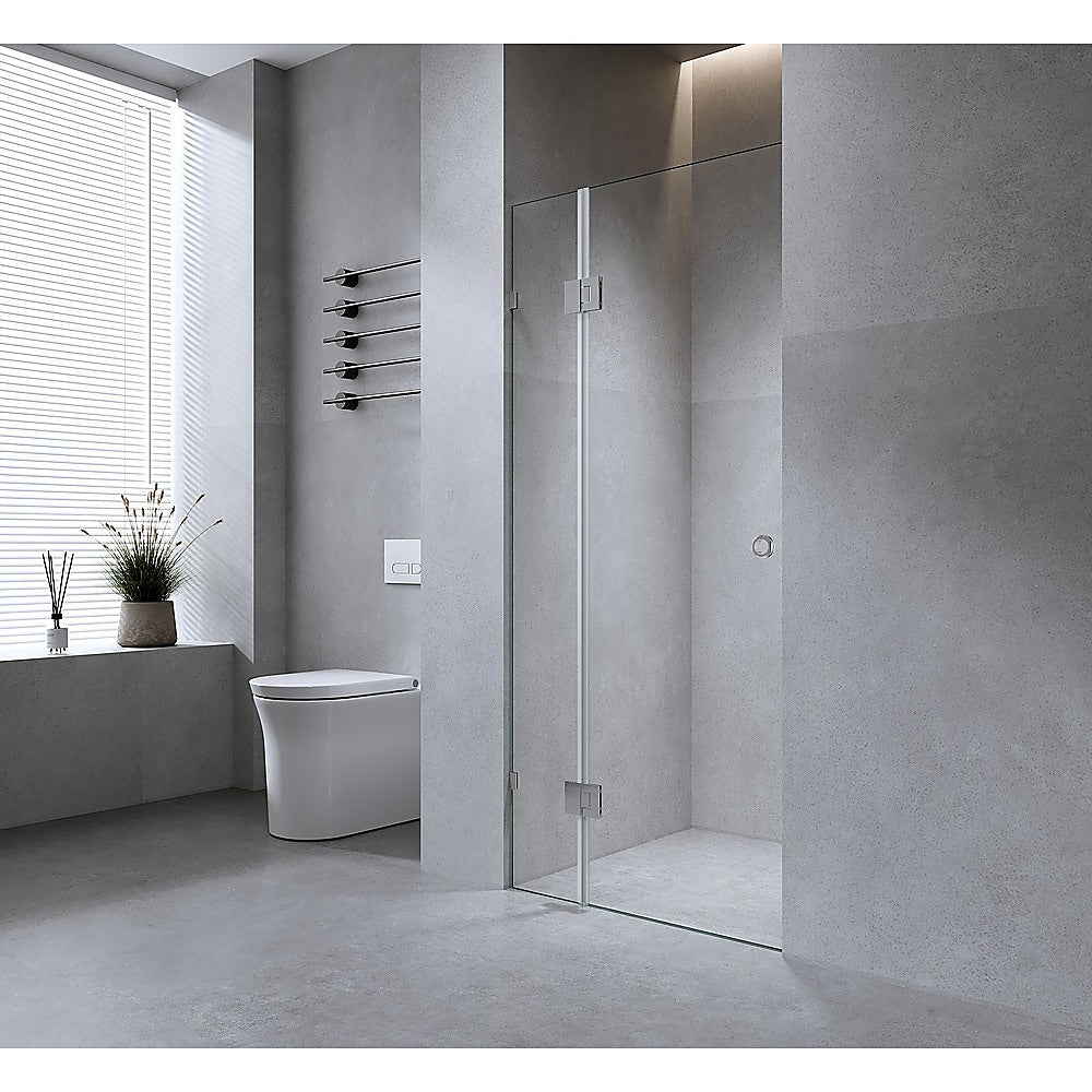 90cm Frameless Wall-to-Wall Shower Screen with Chrome Brackets & Brass Hinges – U-Brackets